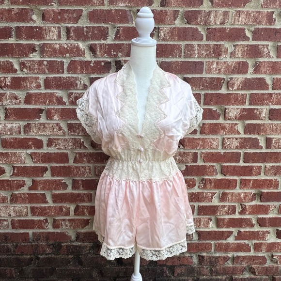 Vintage Amaretta Satin Coquette Romantic Teddy Bodysuit Lingerie 70s 80s Women M - Picture 1 of 7
